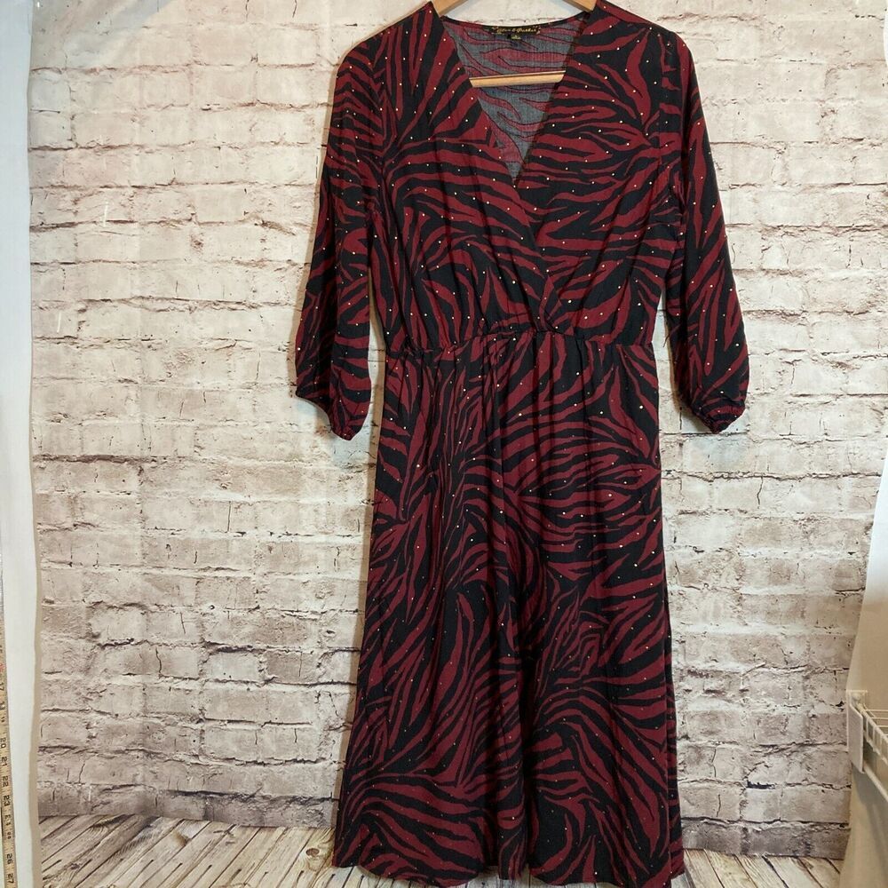 Alex & Parker Dress Womens Large Maroon Zebra Print Glitter Balloon Sleeve Midi
